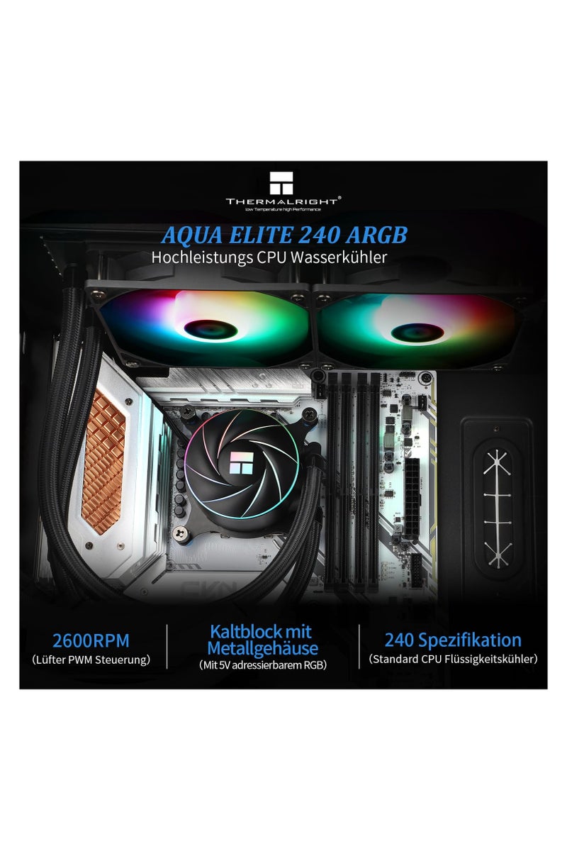 ثيرمالرايت مبرد وحدة المعالجة المركزية السائل Thermalright Aqua Elite 240 ARGB، 240 صف تبريد، مروحتان PWM 120 مم، محامل S-FDB، متوافق مع AMD/AM4/AM5، INTEL LGA1150/1151/1155/1156/1200/2011/1700 (أسود) - Image 2