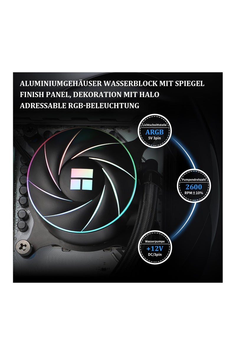ثيرمالرايت مبرد وحدة المعالجة المركزية السائل Thermalright Aqua Elite 240 ARGB، 240 صف تبريد، مروحتان PWM 120 مم، محامل S-FDB، متوافق مع AMD/AM4/AM5، INTEL LGA1150/1151/1155/1156/1200/2011/1700 (أسود) - Image 4