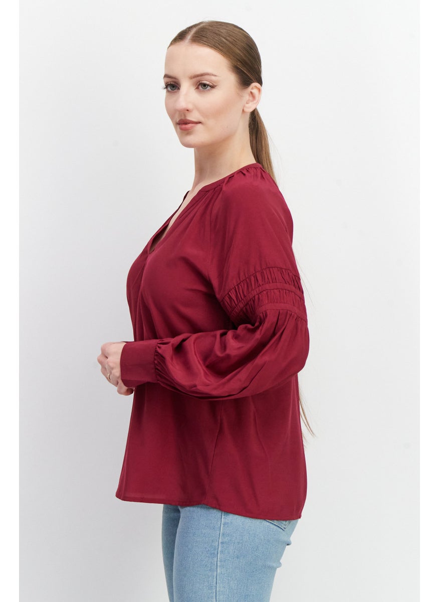 ESPRIT Women V-Neck Long Sleeve Plain Blouse, Burgundy  - Image 4