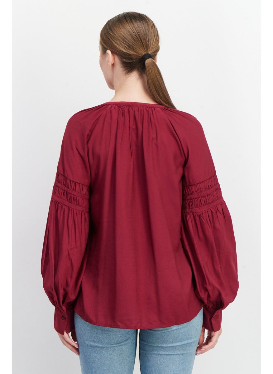 ESPRIT Women V-Neck Long Sleeve Plain Blouse, Burgundy  - Image 2