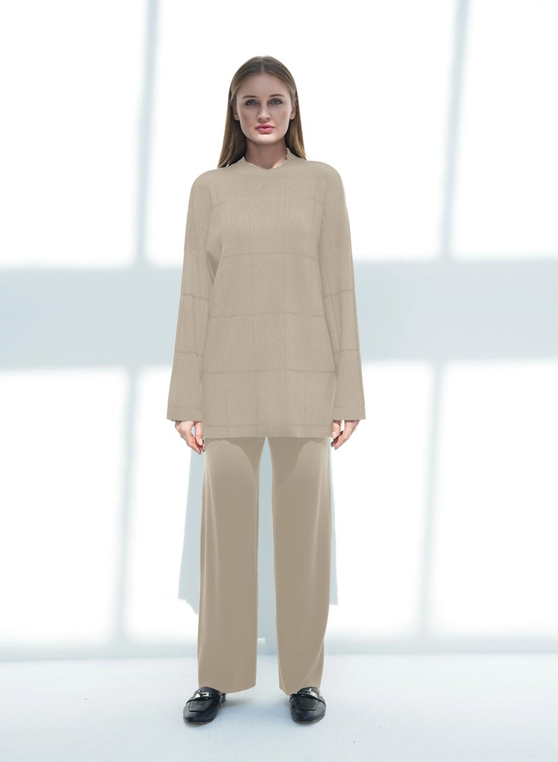 Andy 2316 | Women's Premium Knitwear Two-Piece Set – Long-Sleeve High-Neck Tunic Top with Relaxed Wide-Leg Trousers | Elegant & Versatile Outfit for Everyday Comfort and Style | Beige