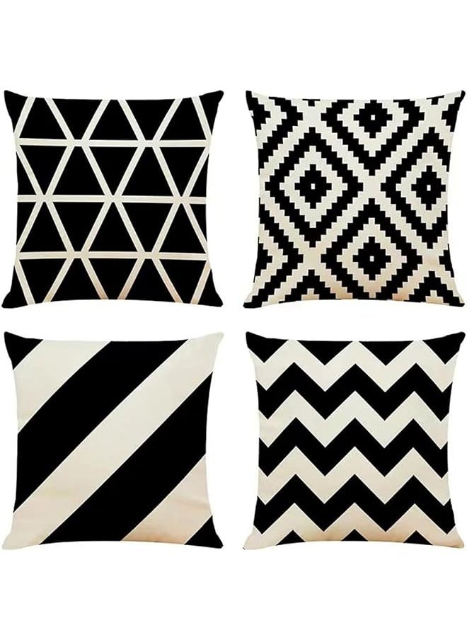 The Bros Set of 4 Boho Cushion Covers Black 18x18 Linen Geometric Throw Pillow Covers 45 x 45cm Square Pillowcases Linen Cushion Cases with Invisible Zipper for Outdoor Garden Bench Living Room Decor  - Image 1