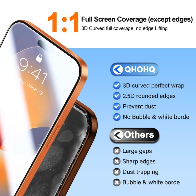 QHOHQ [1-Second Auto-Install] 3 Pack Screen Protector for iPhone 17 Pro Max [6.9 Inch] + 1 Set Camera Lens Protector, 9H+ Shatterproof Tempered Glass, [12FT Military Grade Protection], Case Friendly - Image 5