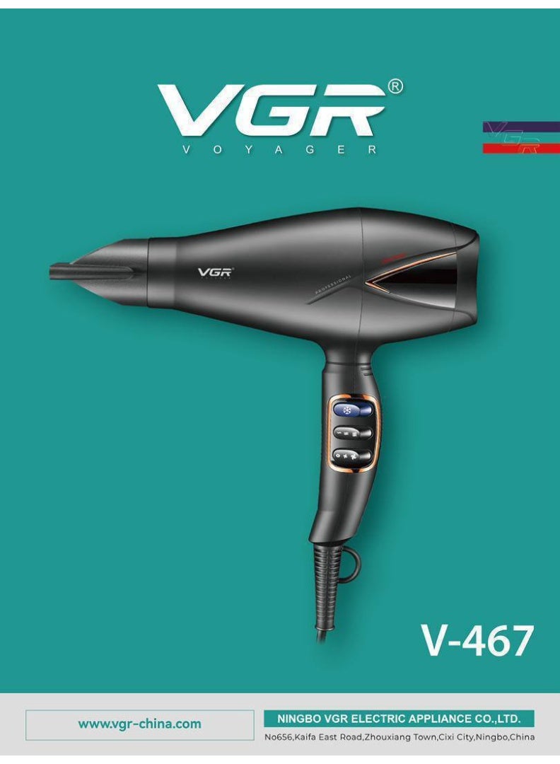 استشوار VGR-467 الاحترافي بقوة عالية وتجفيف فائق مع 3 درجات حرارة وميزة الهواء البارد