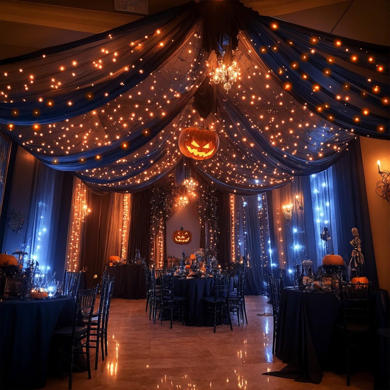 Shillance 6 Panels Black Ceiling Drapes with Lights for Weddings Tent Draping 5ftx10ft Wedding Photo Backgrounds Sheer Curtains Tulle Ceiling Drapery Wedding Decorations for Party Ceremony Stage Swag - Image 1