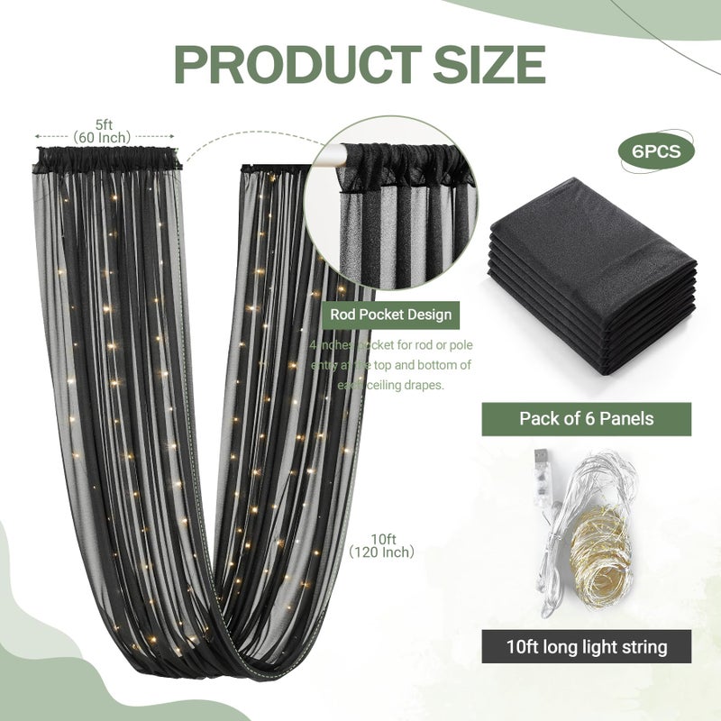 Shillance 6 Panels Black Ceiling Drapes with Lights for Weddings Tent Draping 5ftx10ft Wedding Photo Backgrounds Sheer Curtains Tulle Ceiling Drapery Wedding Decorations for Party Ceremony Stage Swag - Image 5