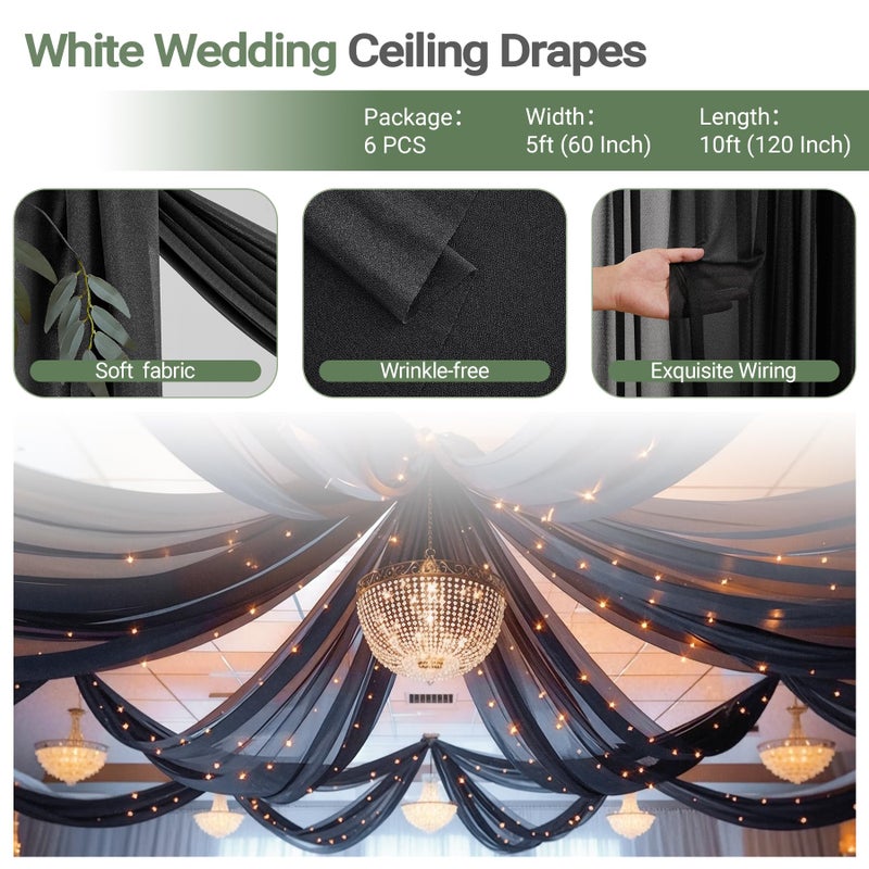 Shillance 6 Panels Black Ceiling Drapes with Lights for Weddings Tent Draping 5ftx10ft Wedding Photo Backgrounds Sheer Curtains Tulle Ceiling Drapery Wedding Decorations for Party Ceremony Stage Swag - Image 4