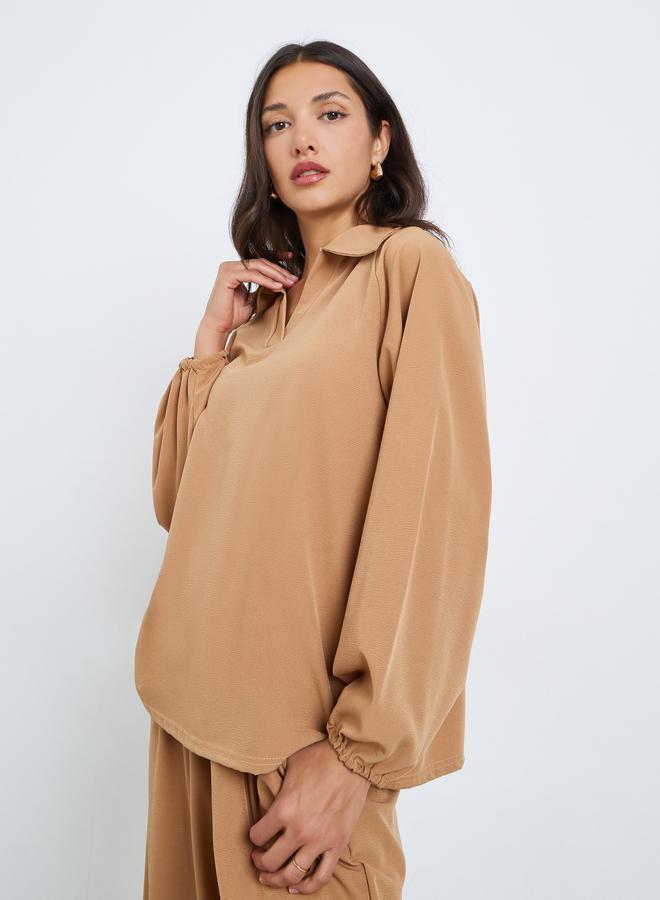 Amirah Women Beige Shirt Collar Top and Pants Modest Set - Image 2