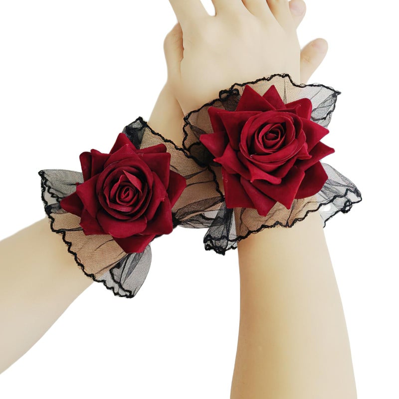 BASEMMAHER Gothic Rose Lace Gloves Hand Sleeve Black Lace Elastic Bracelet Wine Red Flower Wrist Cuff Dress Accessories for Women Girls Wedding Halloween Prom Masquerade Party Clothing 1 Pair - Image 1