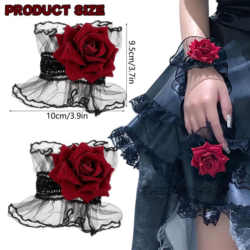 BASEMMAHER Gothic Rose Lace Gloves Hand Sleeve Black Lace Elastic Bracelet Wine Red Flower Wrist Cuff Dress Accessories for Women Girls Wedding Halloween Prom Masquerade Party Clothing 1 Pair - Image 2