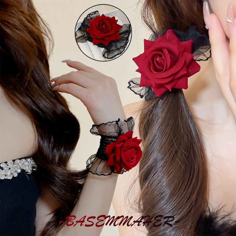 BASEMMAHER Gothic Rose Lace Gloves Hand Sleeve Black Lace Elastic Bracelet Wine Red Flower Wrist Cuff Dress Accessories for Women Girls Wedding Halloween Prom Masquerade Party Clothing 1 Pair - Image 4