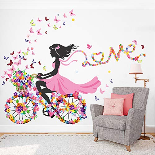 StickMe Cycling Girls - Love - Butterfly - Flowers - Decorative Creative Colorful Wall Sticker-Self Adhesive Peel & Stick Vinyl Stickers for Home & Living Room-SM741 (Multi Colour- 110cm X 100 cm) - Image 1