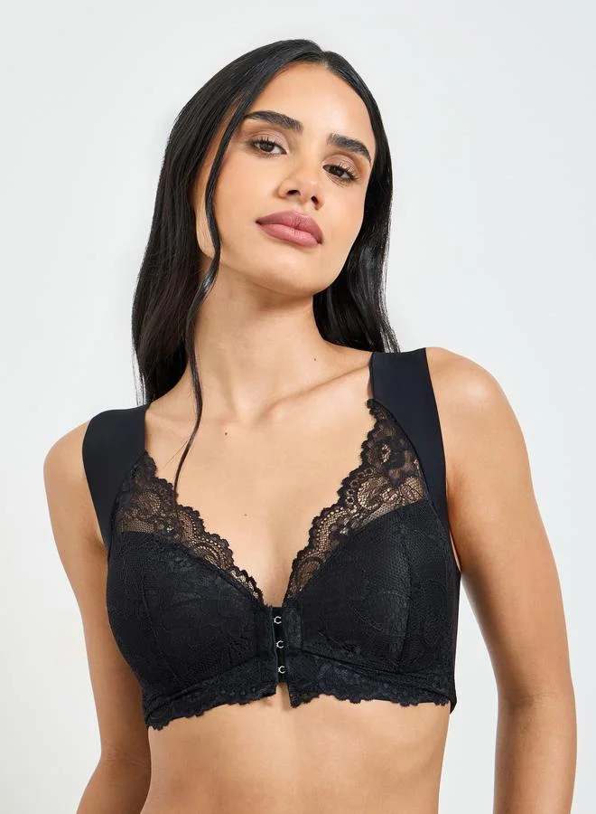 Take Two Black Lace Insert Padded Non Wired Bra And Midi Brief Set