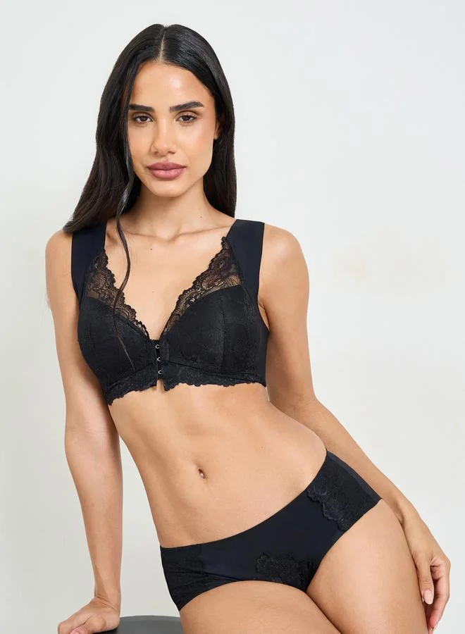 Take Two Black Lace Insert Padded Non Wired Bra And Midi Brief Set