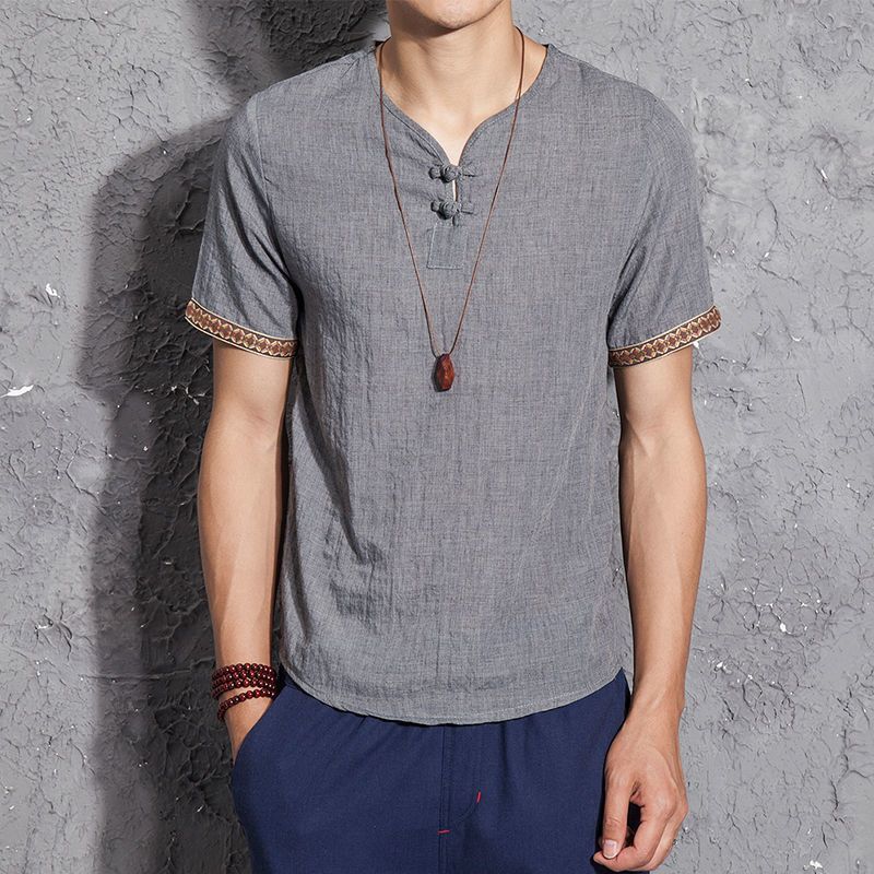 Chinese Style Men'S Cotton And Linen T-Shirt Summer Loose Hanfu Short-Sleeved Antique Top Chinese Style Retro Linen T-Shirt - Image 1