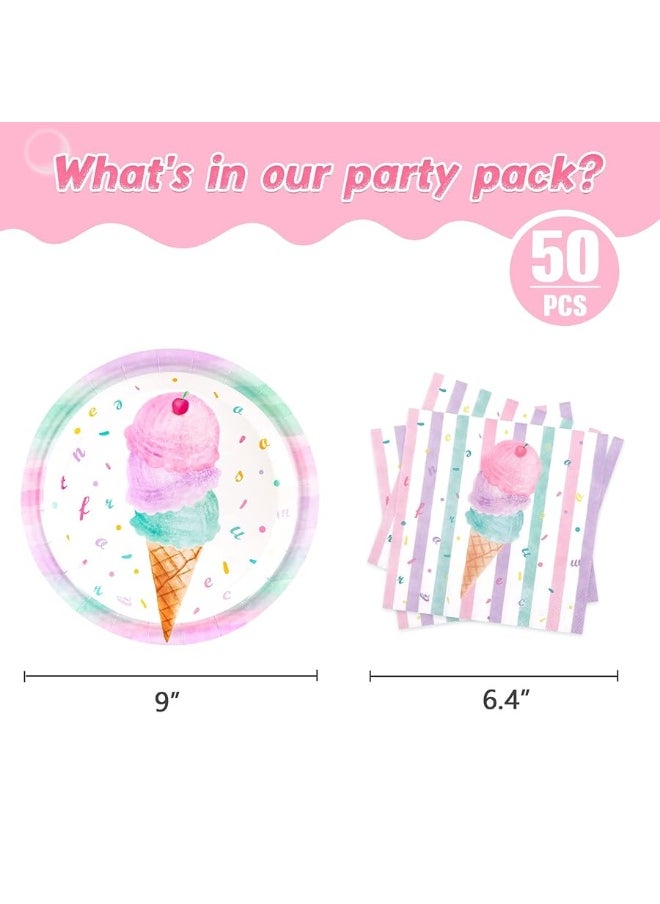 Wernnsai - WERNNSAI Ice Cream Party Plates and Napkins - Serves 50 Guests 100 PCS Pink Sweet Ice Cream Themed Party Supplies for Girls Birthday Baby Shower Pool Summer Celebration Dinner Picnic Party Tableware - Image 1
