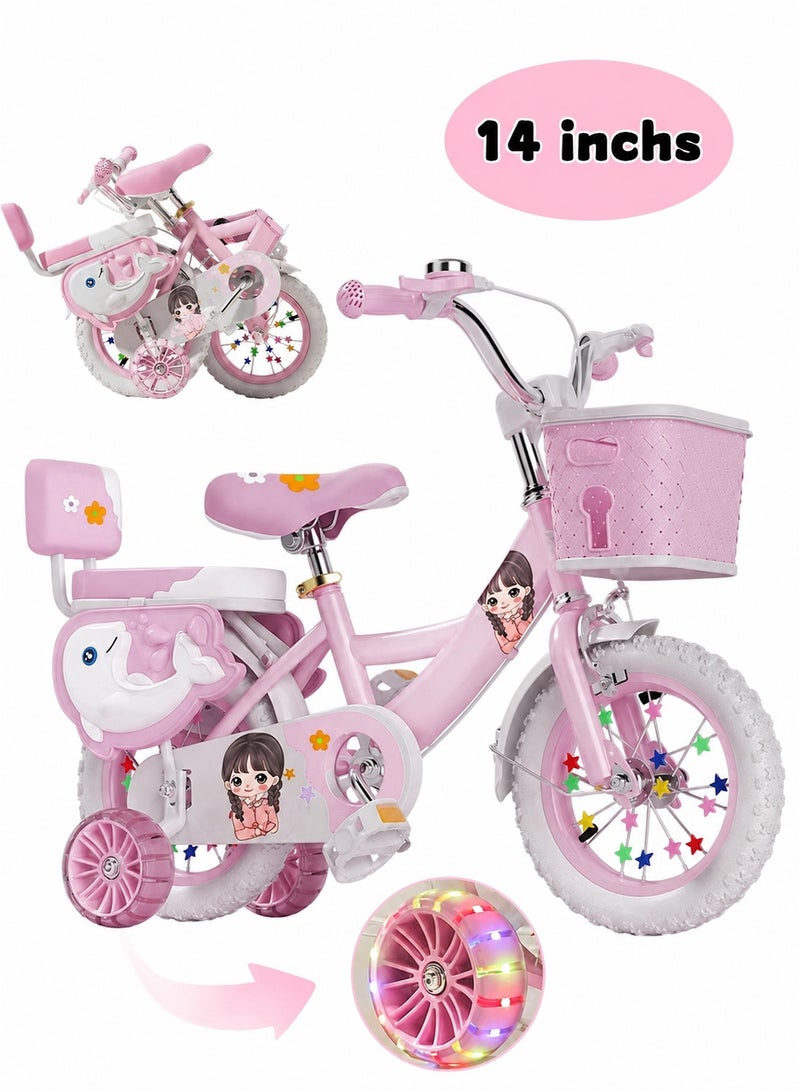 WALALLA 14 Inches Foldable Bike with Soft Seat, Children Bicycle with Adjustable Saddle and Foldable Body, Adorable Bike with Luminous Training Wheels, Handbrake and Basket, Princess Style Bicycle, Ideal Gift for Girls and Beginners,Pink - Image 1