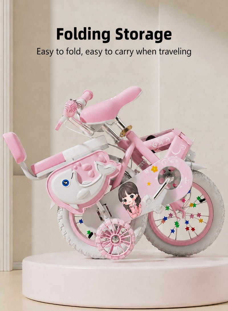 WALALLA 14 Inches Foldable Bike with Soft Seat, Children Bicycle with Adjustable Saddle and Foldable Body, Adorable Bike with Luminous Training Wheels, Handbrake and Basket, Princess Style Bicycle, Ideal Gift for Girls and Beginners,Pink - Image 2