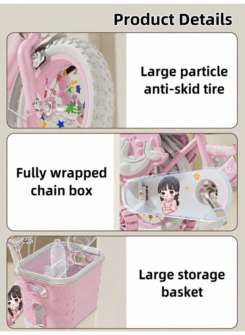 WALALLA 14 Inches Foldable Bike with Soft Seat, Children Bicycle with Adjustable Saddle and Foldable Body, Adorable Bike with Luminous Training Wheels, Handbrake and Basket, Princess Style Bicycle, Ideal Gift for Girls and Beginners,Pink - Image 3