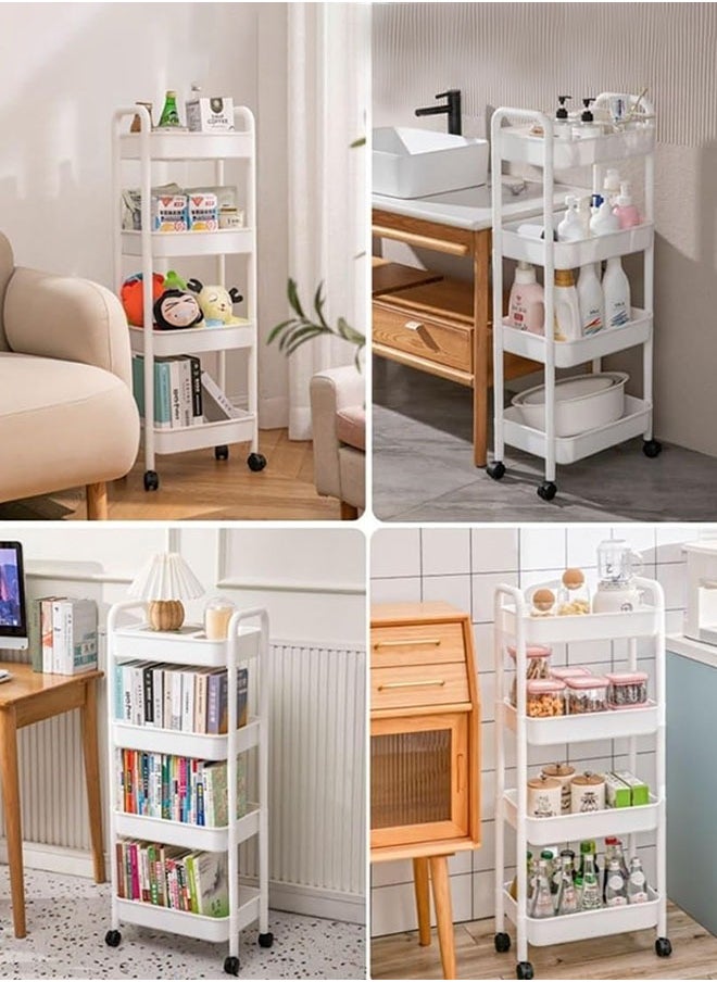 Plastic Utility Cart, 4 Tier Rolling Cart Mesh Rolling Utility Cart Multifunction Storage Rack Serving Cart for Home, Office, Kitchen, Bathroom, Bedroom