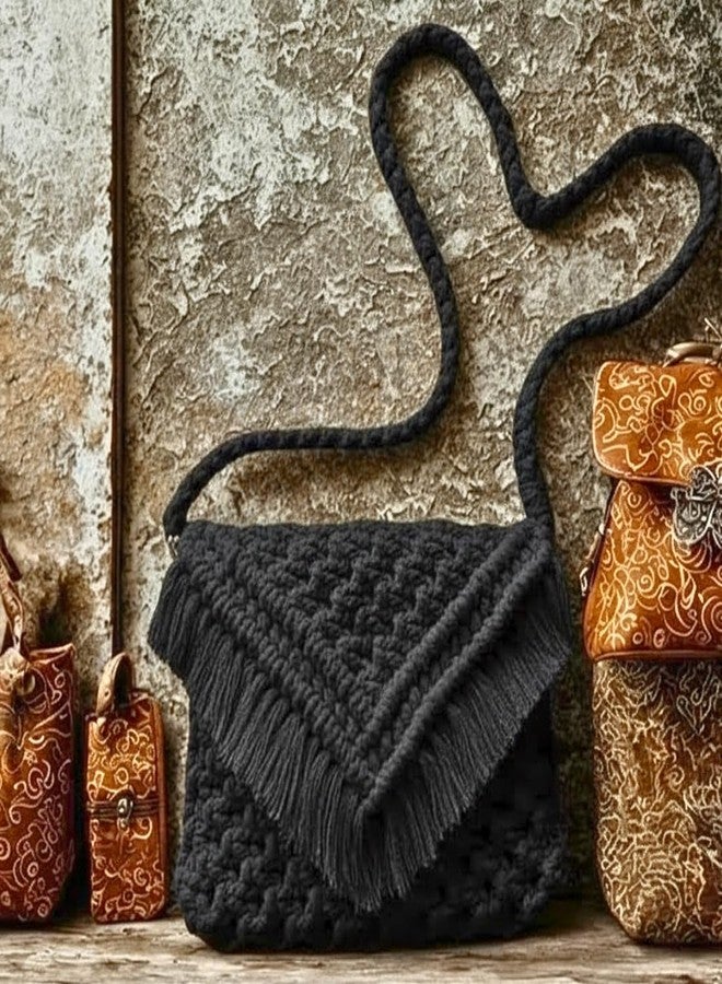 تي إم إس حقيبة كتف من القطن المكرمية المصنوعة يدوياً على الطراز البوهيمي من tms، حقيبة كروسبودي منسوجة، 25.4 × 20.3 سم، حقيبة خفيفة الوزن (أسود) - Image 2