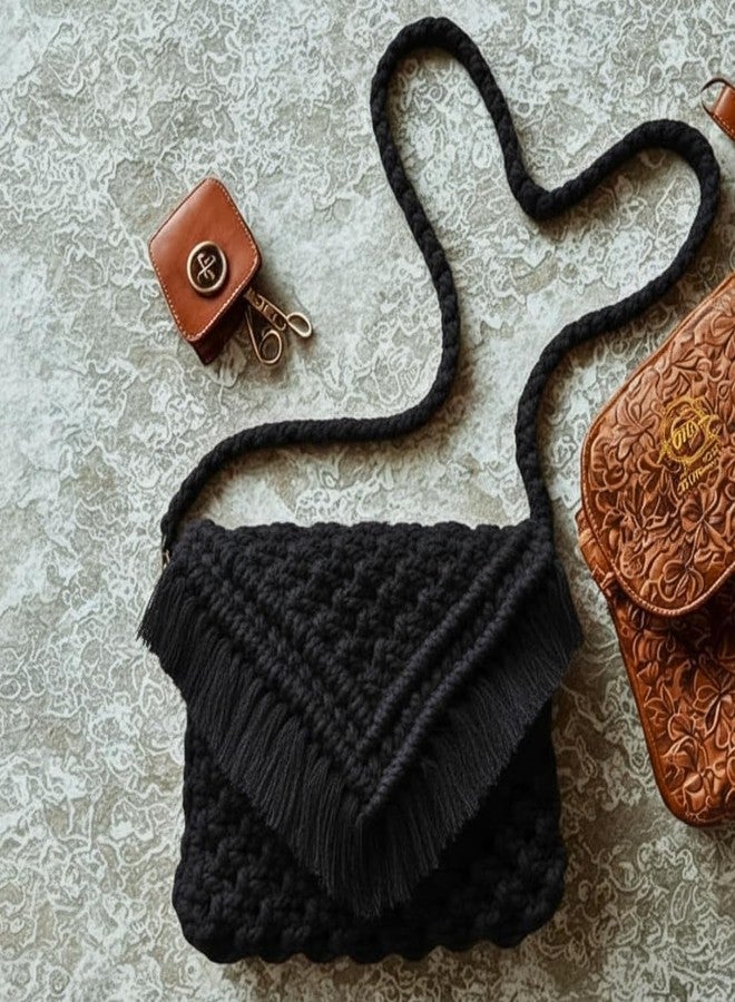 تي إم إس حقيبة كتف من القطن المكرمية المصنوعة يدوياً على الطراز البوهيمي من tms، حقيبة كروسبودي منسوجة، 25.4 × 20.3 سم، حقيبة خفيفة الوزن (أسود) - Image 5