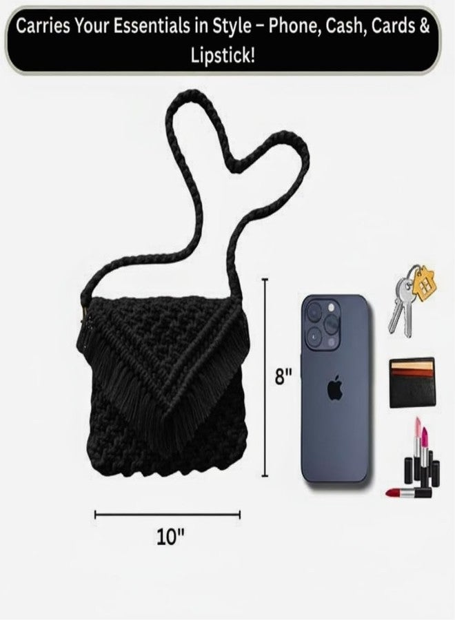 تي إم إس حقيبة كتف من القطن المكرمية المصنوعة يدوياً على الطراز البوهيمي من tms، حقيبة كروسبودي منسوجة، 25.4 × 20.3 سم، حقيبة خفيفة الوزن (أسود) - Image 4