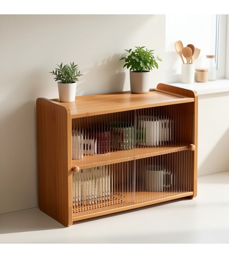 Bamboo Dining Table Shelf Sideboard Sliding Door Storage Cabinet Thickened Board Sturdy Stable Strong Load Bearing Capacity Kitchen Dining Room Living Room - Image 4