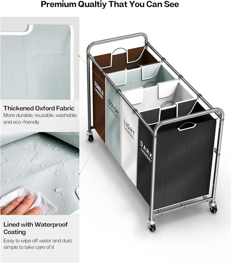 ROMOON Laundry Hamper Sorter Cart: 4-Section Organizer with Heavy-Duty Lockable Wheels and Removable Bags | 180L Rolling Laundry Basket for Dirty Clothes in Laundry Room or Small Spaces (Multicolor) - Image 4