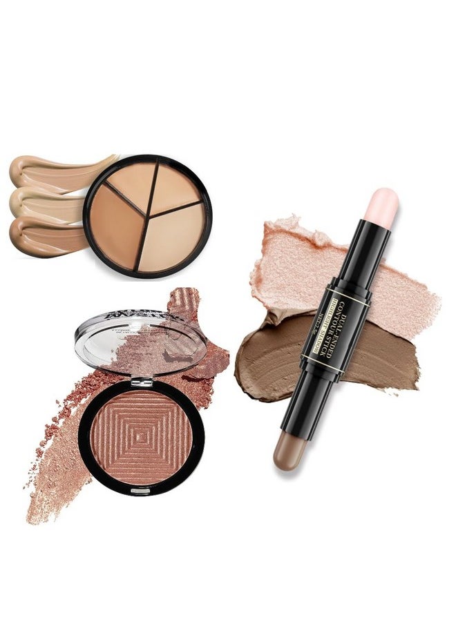 HUDACRUSH - Beauty 3In1 Face Contour Kit 4 Shades Contour Palette Light/Medium Shimmering Bronzer Powder Makeup 2In1 Doubleend Contour Highlighter Stick Face Concealer Makeup Combo Set Of 3 Items - Image 1