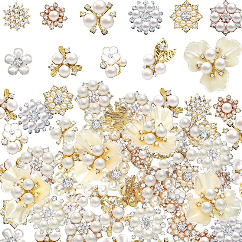 Waydress 66 Pieces Craft Pearl Crystal Rhinestone Buttons Flower Faux Pearl Bouquet Embellishments for Crafting Flat Back Decorative Button DIY Jewelry Making Supplies Wedding Bouquet Jewelry (Gold) - Image 1