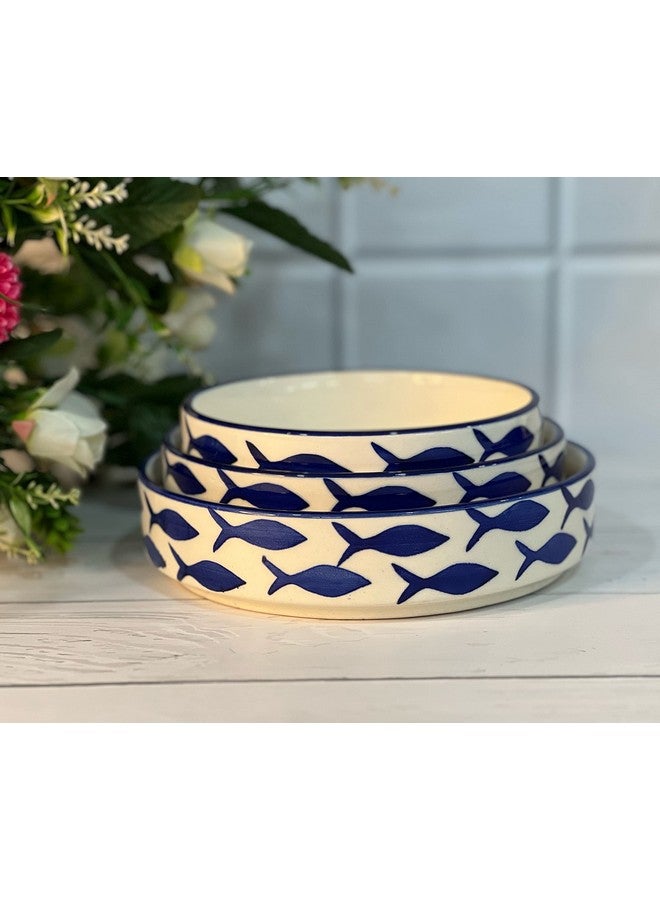 Praahi Lifestyle Premium Ceramic Salad Bowl - Deep Ceramic Plates- Serving Snacks Plate/Platter - Set of 3- Different Sizes (5.5 inch, 6.5 inch, 7.5 inch), Blue Fish Pattern | Best Rakshabandhan Gift - Image 3