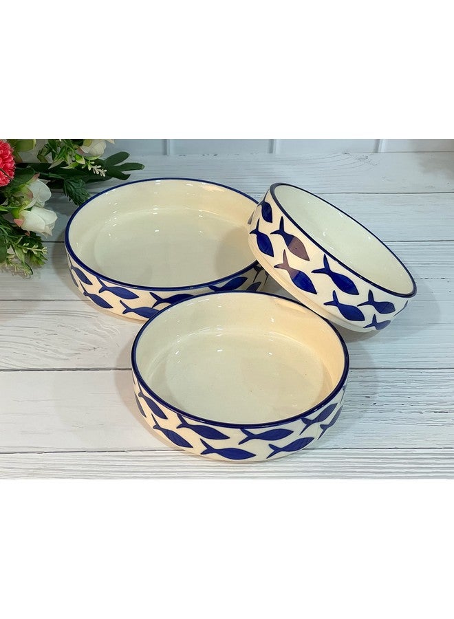 Praahi Lifestyle Premium Ceramic Salad Bowl - Deep Ceramic Plates- Serving Snacks Plate/Platter - Set of 3- Different Sizes (5.5 inch, 6.5 inch, 7.5 inch), Blue Fish Pattern | Best Rakshabandhan Gift - Image 4