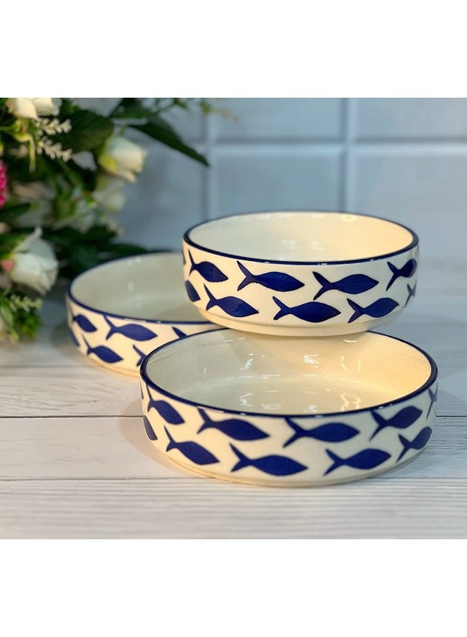 Praahi Lifestyle Premium Ceramic Salad Bowl - Deep Ceramic Plates- Serving Snacks Plate/Platter - Set of 3- Different Sizes (5.5 inch, 6.5 inch, 7.5 inch), Blue Fish Pattern | Best Rakshabandhan Gift - Image 2