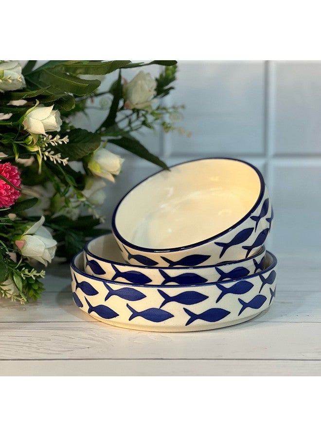 Praahi Lifestyle Premium Ceramic Salad Bowl - Deep Ceramic Plates- Serving Snacks Plate/Platter - Set of 3- Different Sizes (5.5 inch, 6.5 inch, 7.5 inch), Blue Fish Pattern | Best Rakshabandhan Gift - Image 1