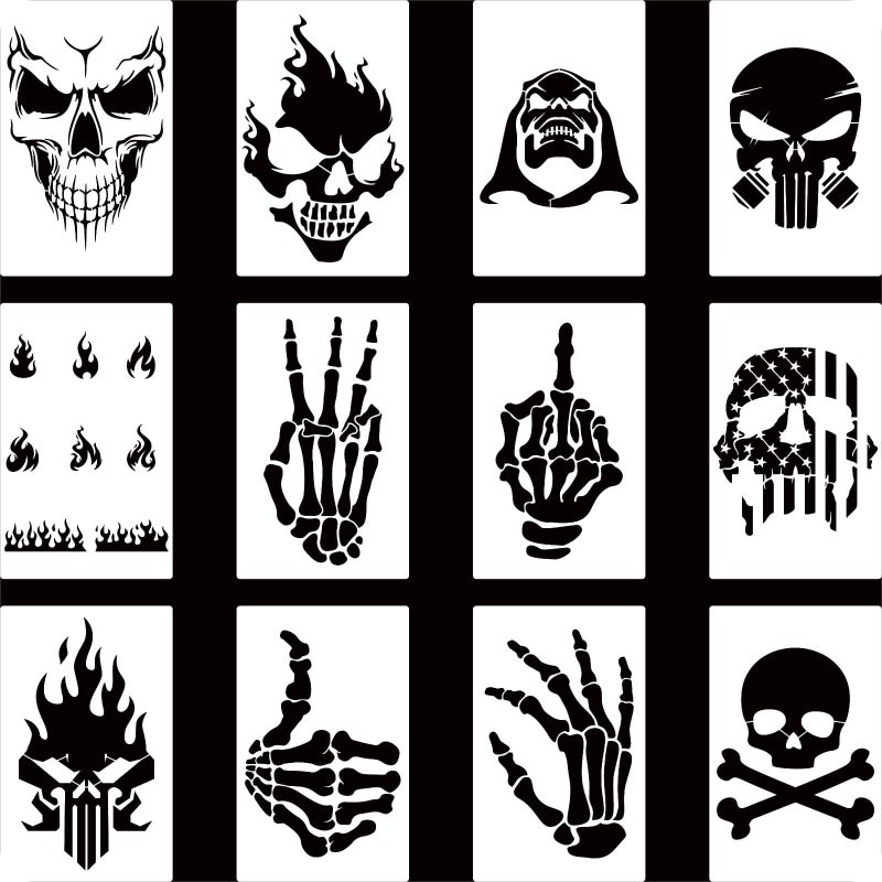 YKW Skull Stencils, 12Pcs Reusable Skeleton Hand Painting Templates, for Wood Walls Chalkboards Rocks DIY Art Projects,Ideal for Crafters, Artists, and Designers - Image 1