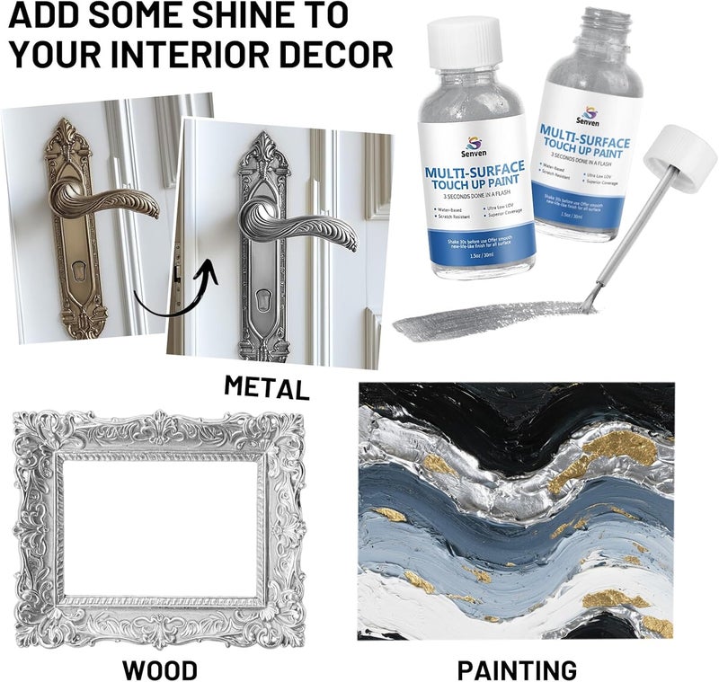 SENVEN Liquid Silver Leaf Paint High Gloss Multi Surface Rich Silver Paint for Metal, Wood, Plastic, Canvas, Appliance, Furniture Scratch Repair & Art Handcrafts 30ml/1.5oz Fast Drying Acrylic - Image 3