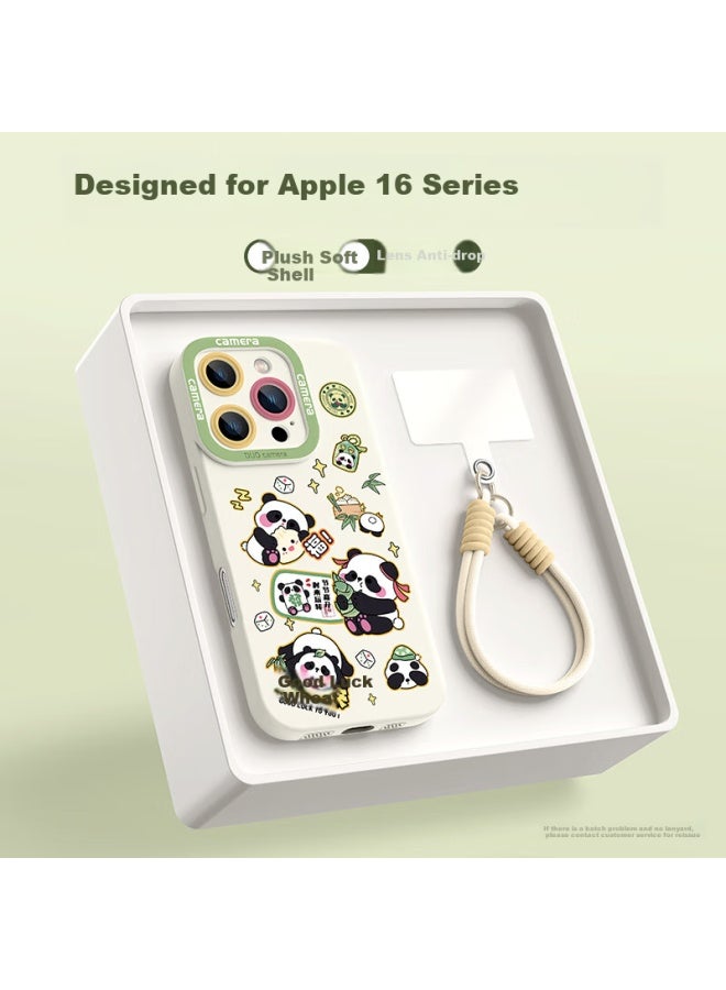 Xp Iphone 16 Pro Case With Full Coverage Lens, Cute Cartoon Silicone Protective Cover For Apple 16 Pro, Anti-Drop With Lanyard, Antique White Lucky Panda - Image 1