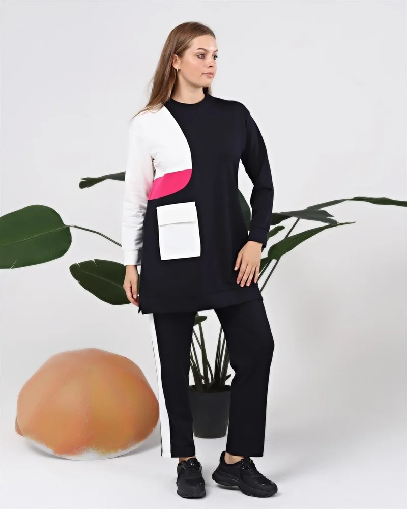 بي ويست Sapphire Side Pocket Detailed Ribbed Tracksuit - Navy Blue