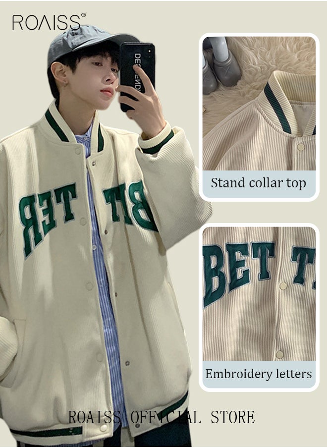 roaiss - Men's Jacket Men Letter Graphic Striped Trim Drop Shoulder Corduroy Bomber Jacket Jacket for Men - Image 1