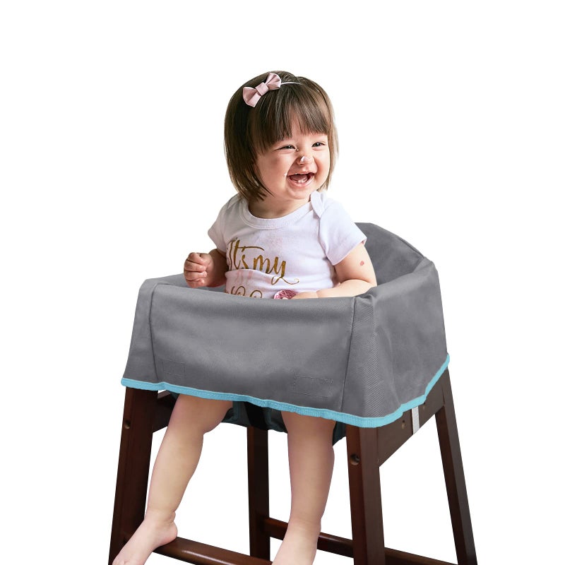 Solfres Dual-Belt Baby High Chair Cover, Upgrade Version, for Wooden or Restaurant High Chair, Sturdy and Robust Material, Waterproof Washable Stain and Slip Resistant, Gray - Image 1