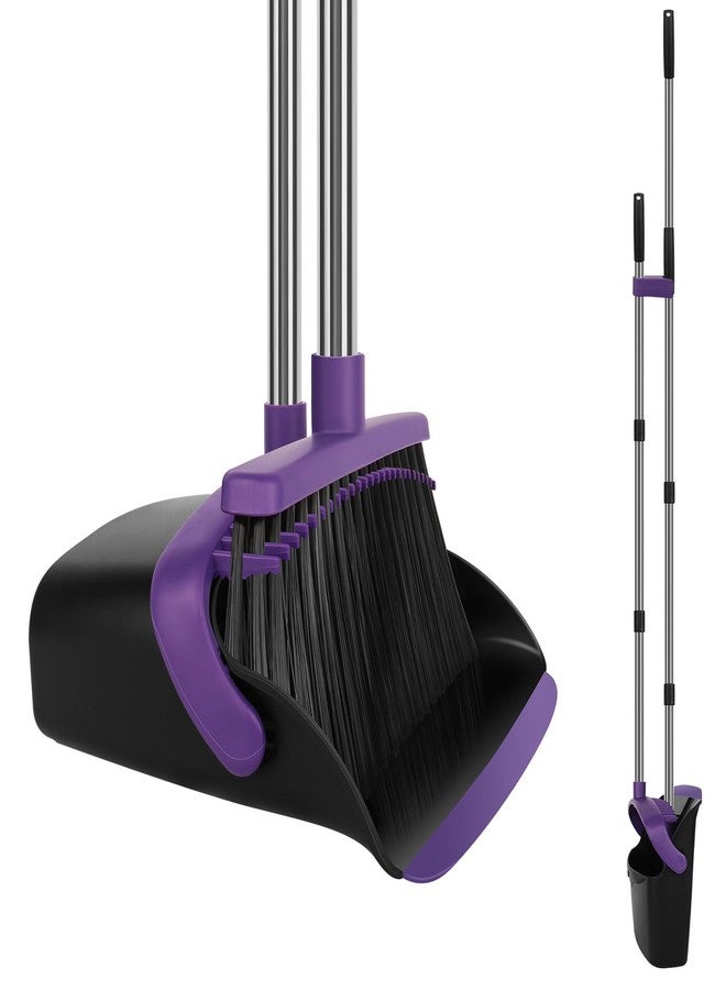 TNELTUEB Large Broom and Dustpan Set, Purple Broom with Dustpan Combo Set, 55" Long Handle Broom, Self Cleaning Dustpan, Ideal for Home and Dog Cat Pets - Image 1