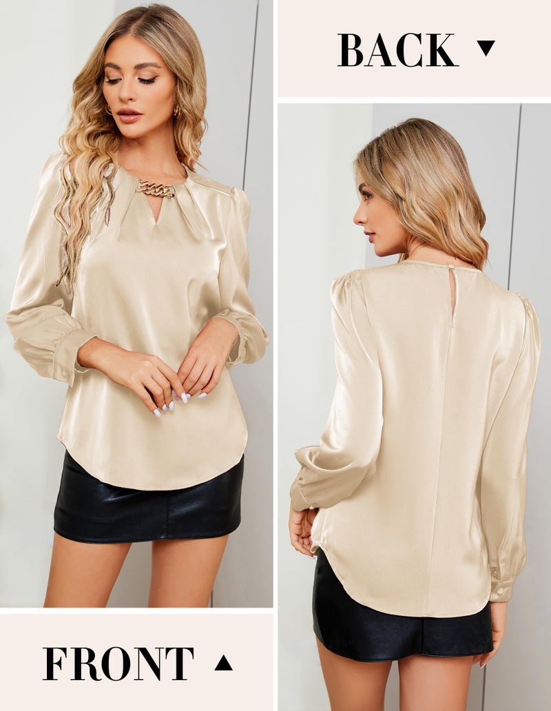 JASAMBAC Womens Dressy Business Casual Blouse, Keyhole Pleated Long Sleeve Tops, Apricot Satin Silk Work Shirt Fall Outfits 2025 XL - Image 2