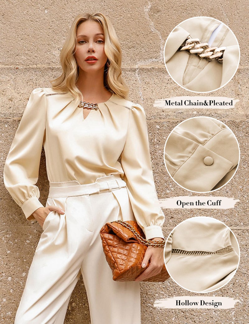 JASAMBAC Womens Dressy Business Casual Blouse, Keyhole Pleated Long Sleeve Tops, Apricot Satin Silk Work Shirt Fall Outfits 2025 XL - Image 5