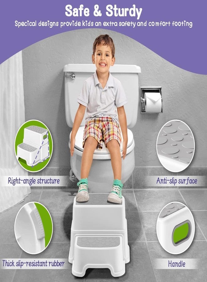 Meneflix Toddler Step Stool for Bathroom Sink, 2 Step Stool for Kids Toilet Potty Training, Non-Slip Toddlers Baby Child Kid Plastic Poop Stools with Handle for Kitchen Counter Bed (White-Grey) - Image 3