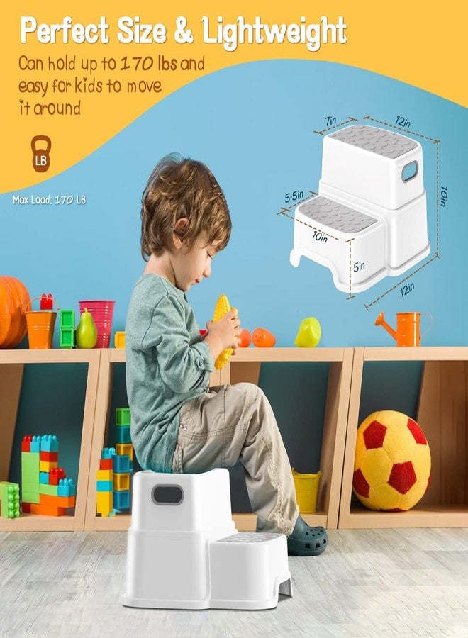 Meneflix Toddler Step Stool for Bathroom Sink, 2 Step Stool for Kids Toilet Potty Training, Non-Slip Toddlers Baby Child Kid Plastic Poop Stools with Handle for Kitchen Counter Bed (White-Grey) - Image 4