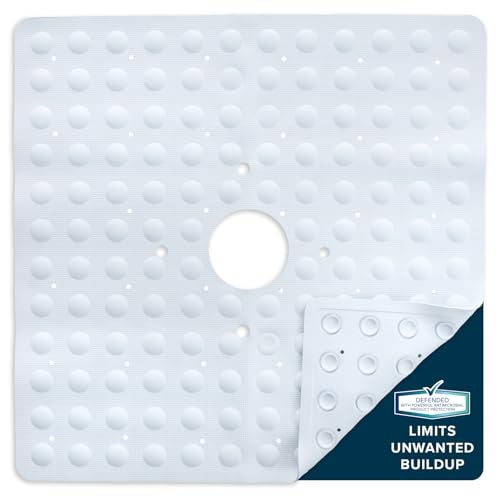 SlipX Solutions Square Natural Rubber Shower Stall Mat, 21” x 21”, Non Slip Safety, Built-in Product Protection, 140 Power Grip Suction Cups, Center Drain Hole, White - Image 1