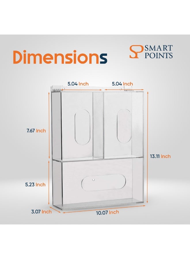 "سمارت بوينتس  " موزع أكريليك ثلاثي الفتحات للقفازات والكمامات مع غطاء – منظم جداري بـ 3 خانات للعيادات والمختبرات – شفاف، عملي وسهل الاستخدام – ‎35 سم ارتفاع × ‎25.6 سم عرض × ‎7.8 سم عمق - Image 3
