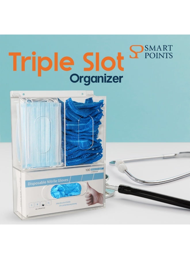 "سمارت بوينتس  " موزع أكريليك ثلاثي الفتحات للقفازات والكمامات مع غطاء – منظم جداري بـ 3 خانات للعيادات والمختبرات – شفاف، عملي وسهل الاستخدام – ‎35 سم ارتفاع × ‎25.6 سم عرض × ‎7.8 سم عمق - Image 2