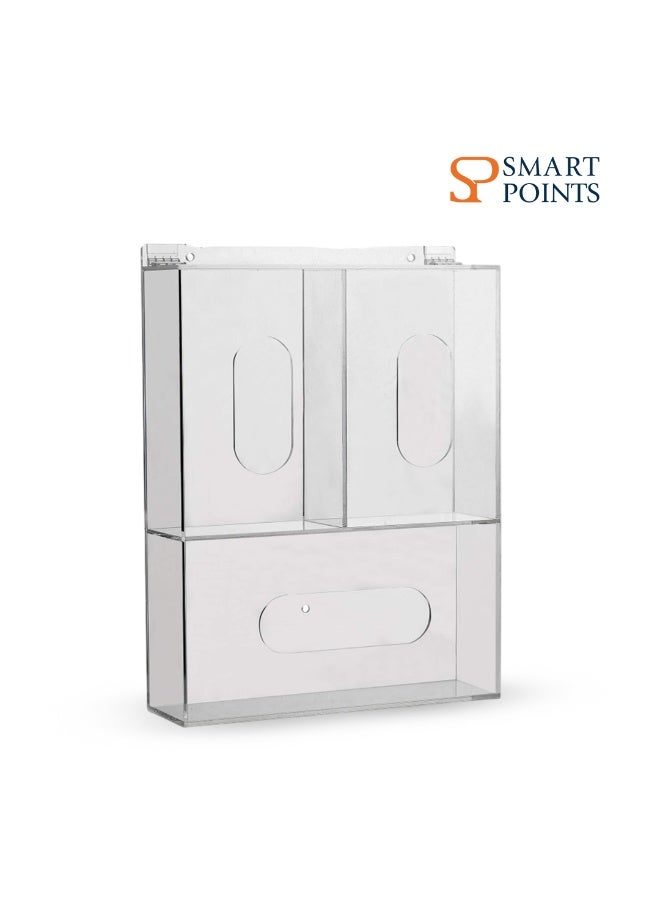 "سمارت بوينتس  " موزع أكريليك ثلاثي الفتحات للقفازات والكمامات مع غطاء – منظم جداري بـ 3 خانات للعيادات والمختبرات – شفاف، عملي وسهل الاستخدام – ‎35 سم ارتفاع × ‎25.6 سم عرض × ‎7.8 سم عمق - Image 1